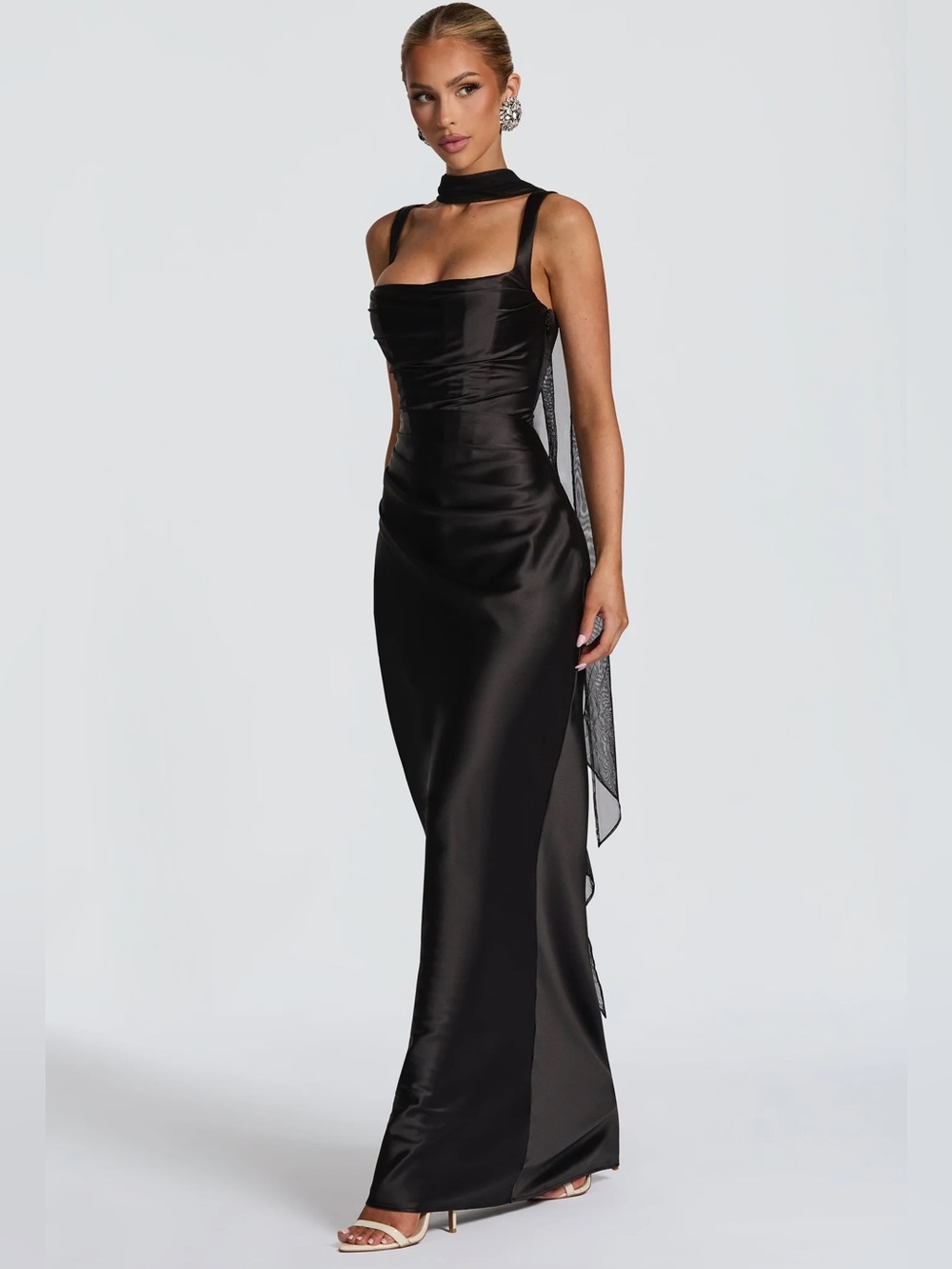 Elegant Black Satin Evening Gown with Choker Detail